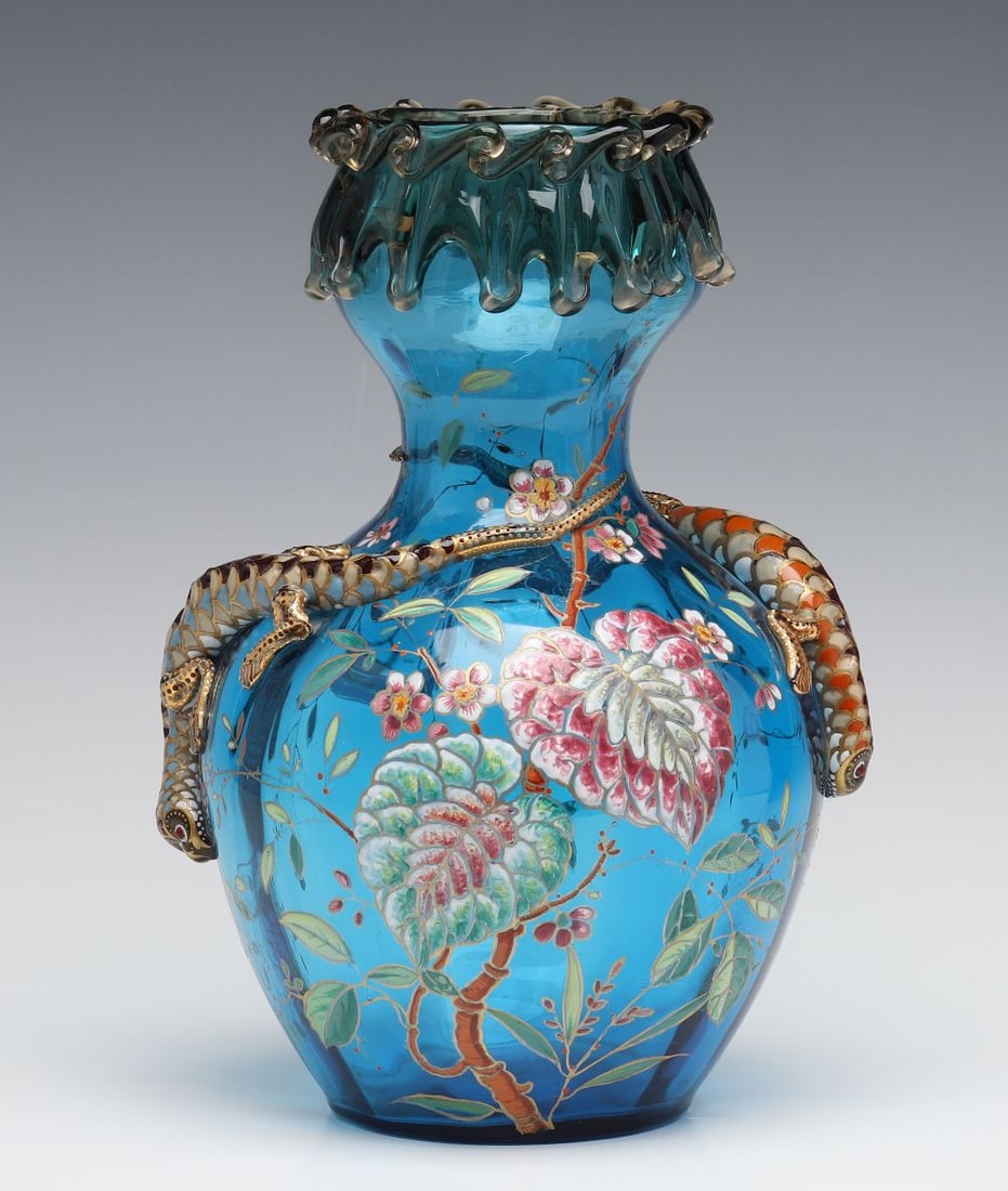 A LARGE BLUE MOSER ART GLASS URN WITH ENAMELED LIZARDS (1 of 14)