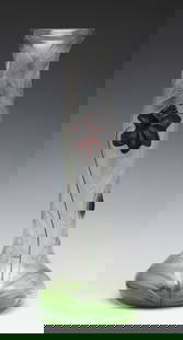 A MOSER ART NOUVEAU INFLUENCE INTAGLIO VASE WITH CAMEO: The fine intaglio carved Moser vase is embellished with two colors of hot pad applied and wheel carved cameo glass: one being a purple flower head on long flowing cameo glass tendril, the other being