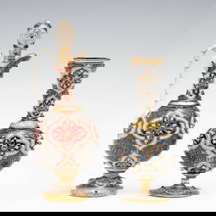 19C JEWELED ARABESQUE ART GLASS MINIATURES SIGNED MOSER: Third quarter of the 19th century 1. A cranberry glass ewer decorated in relief enamels and glass beads mounted with enamel accents that emulate prong set jewels centering an arabesque motif, raised