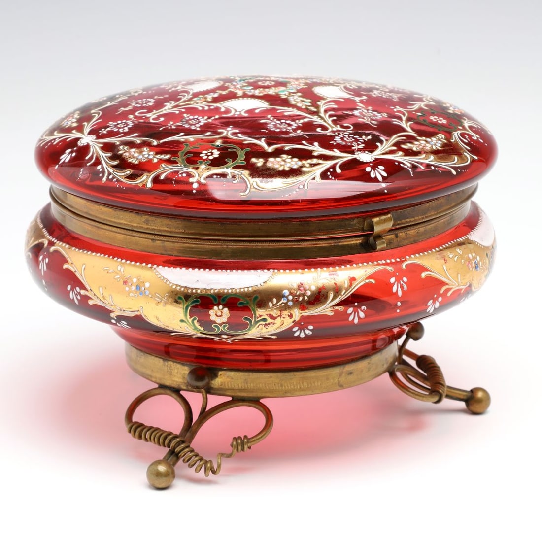 A MOSER GILT AND ENAMEL DECORATED CRANBERRY GLASS BOX (1 of 18)