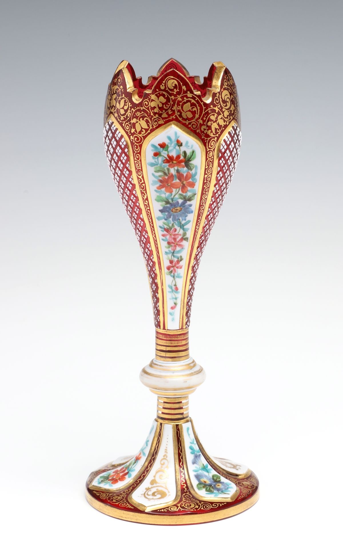A 19C. BOHEMIAN OVERLAY TULIP VASE CUT TO CRANBERRY (1 of 10)