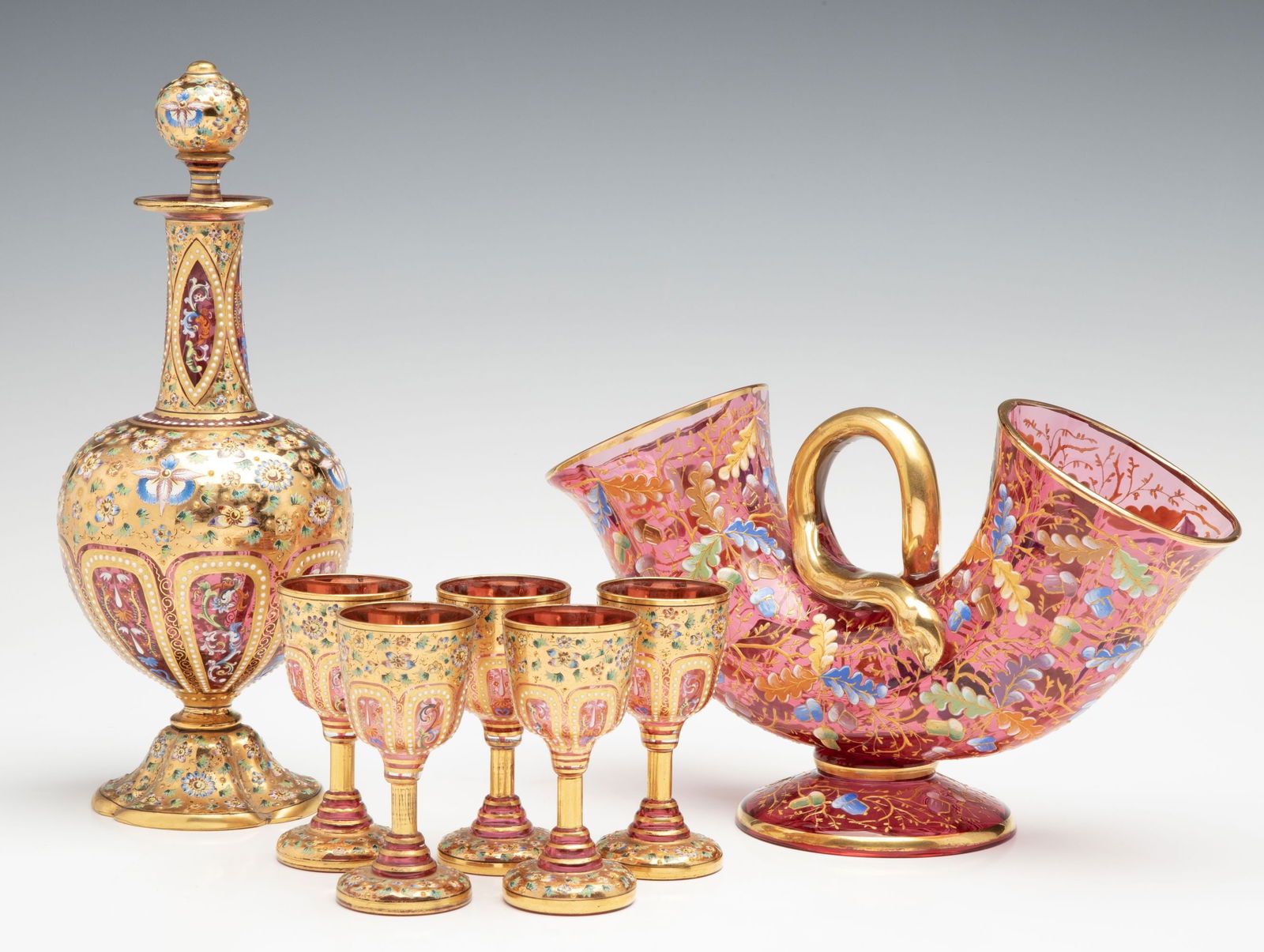 MOSER GILT AND ENAMEL DECORATED CRANBERRY GLASS C. 1880 (1 of 17)