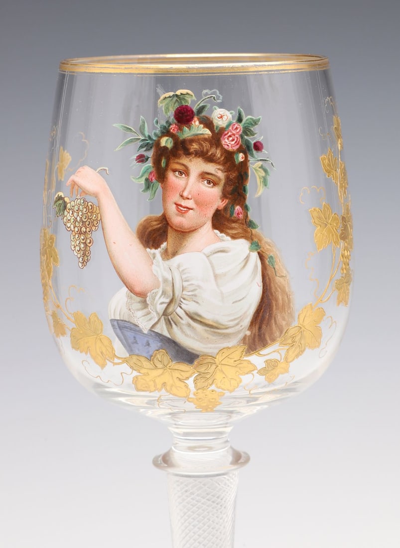 A CONTINENTAL AIR TWIST STEM ENAMELED ART GLASS GOBLET (1 of 11)