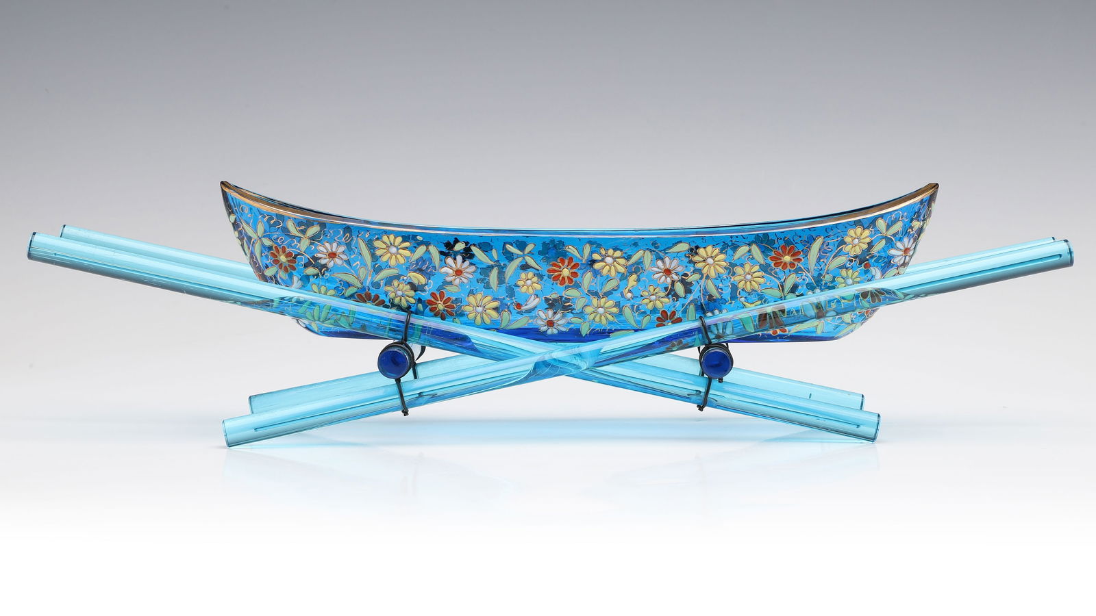 A RARE MOSER ELECTRIC BLUE BOAT SHAPE DISH ON STAND (1 of 12)