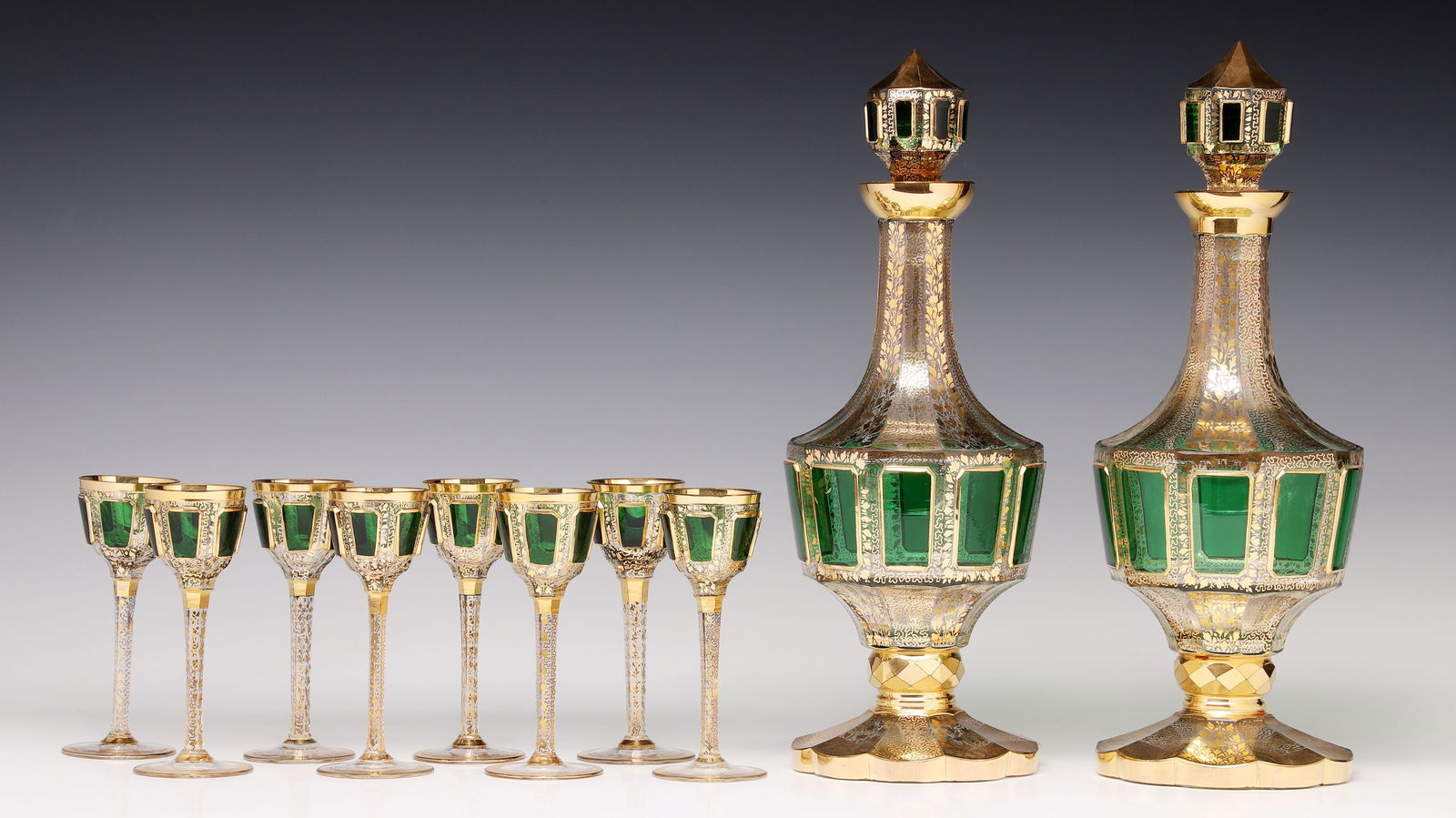 AN OUTSTANDING MOSER EMERALD CABOCHON LIQUER SET (1 of 19)