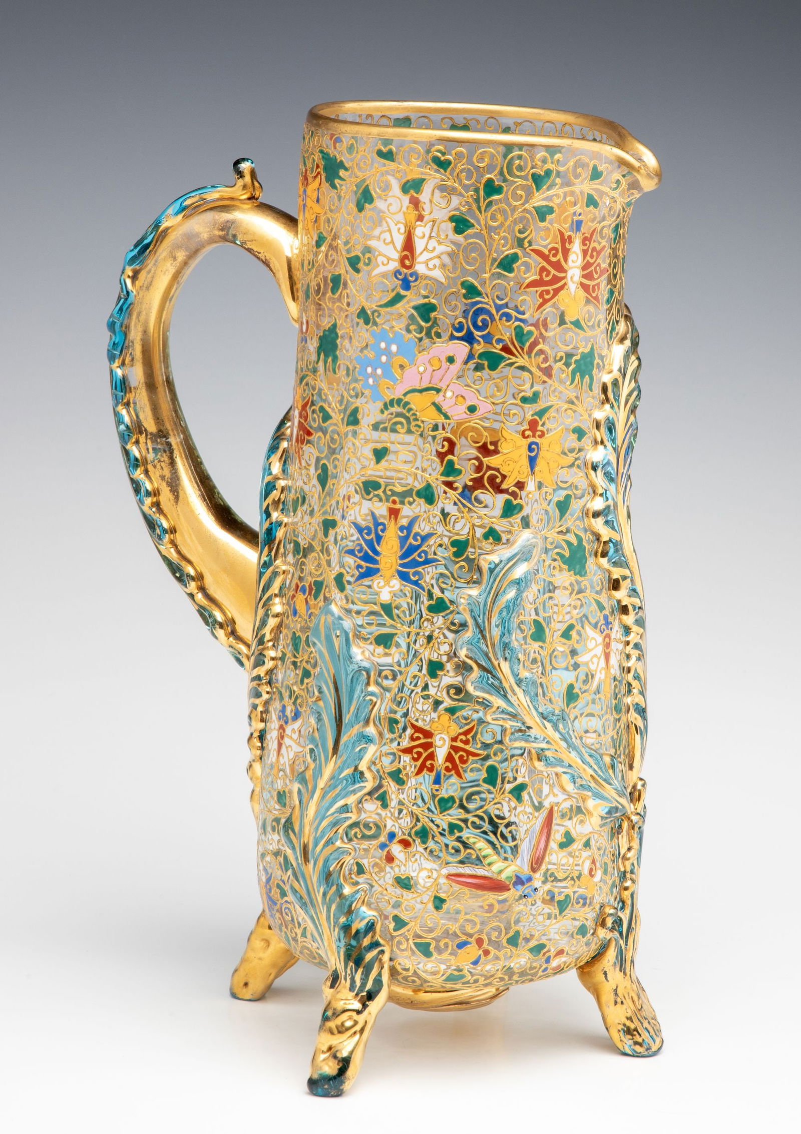 UNUSUAL GILT AND ENAMEL MOSER JUG WITH APPLIED LEAVES (1 of 13)