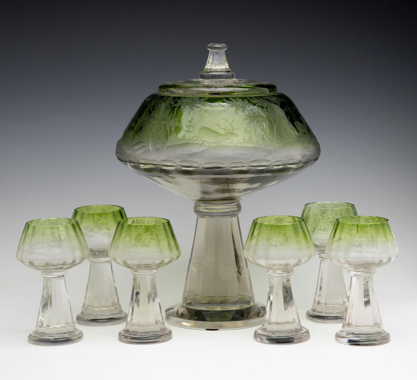 A VERY UNUSUAL BOHEMIAN GLASS PUNCH BOWL WITH GOBLETS (1 of 18)