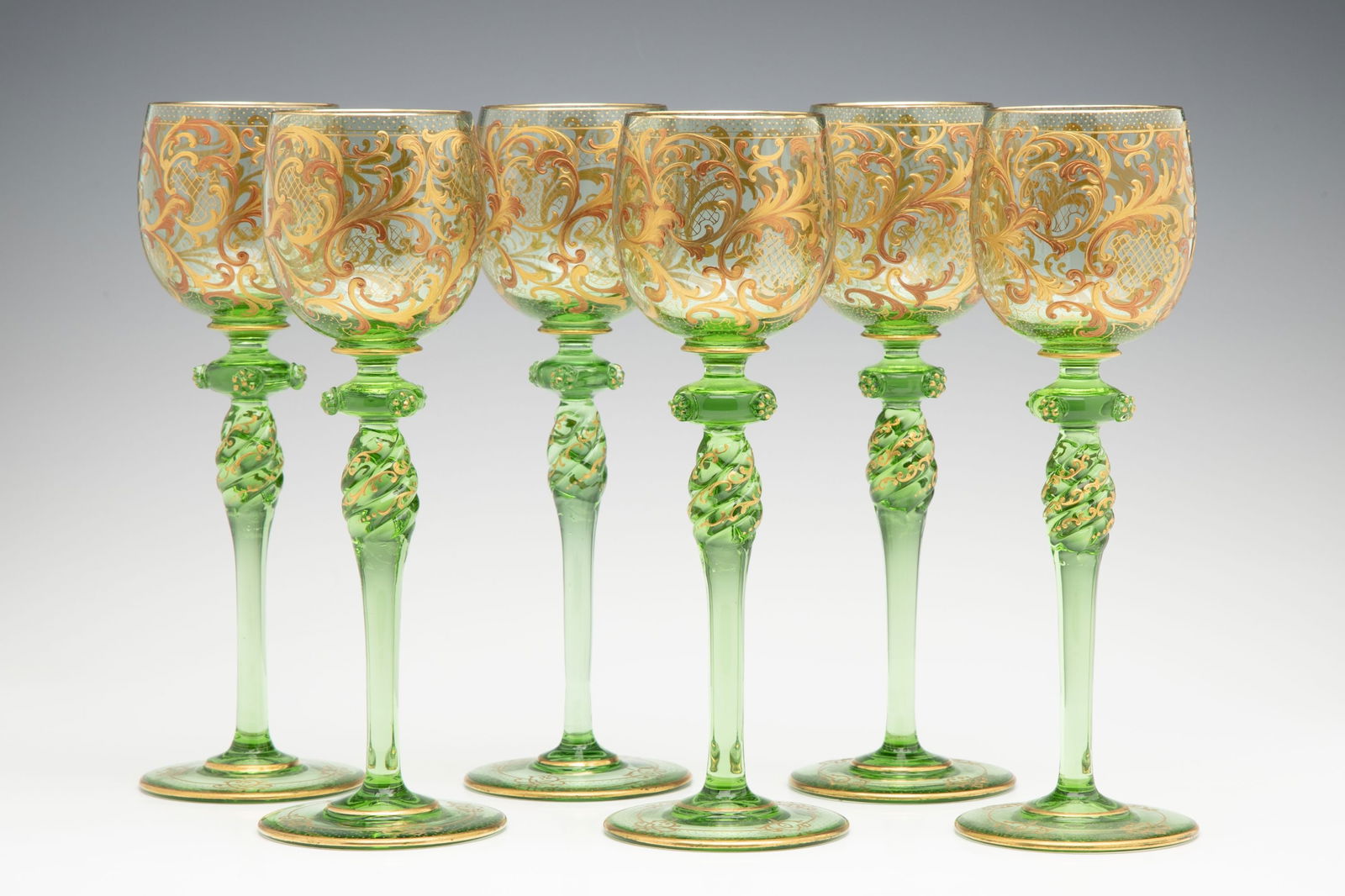 SIX FINE BOHEMIAN GLASS WINES WITH PRUNTS AND ENAMELS (1 of 15)
