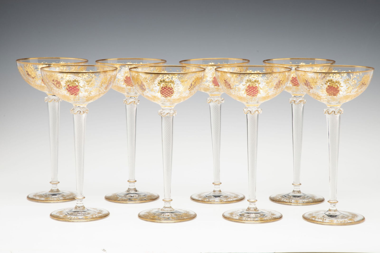 EIGHT TALL CONTINENTAL ART GLASS COUPE' STEMS C. 1920 (1 of 19)