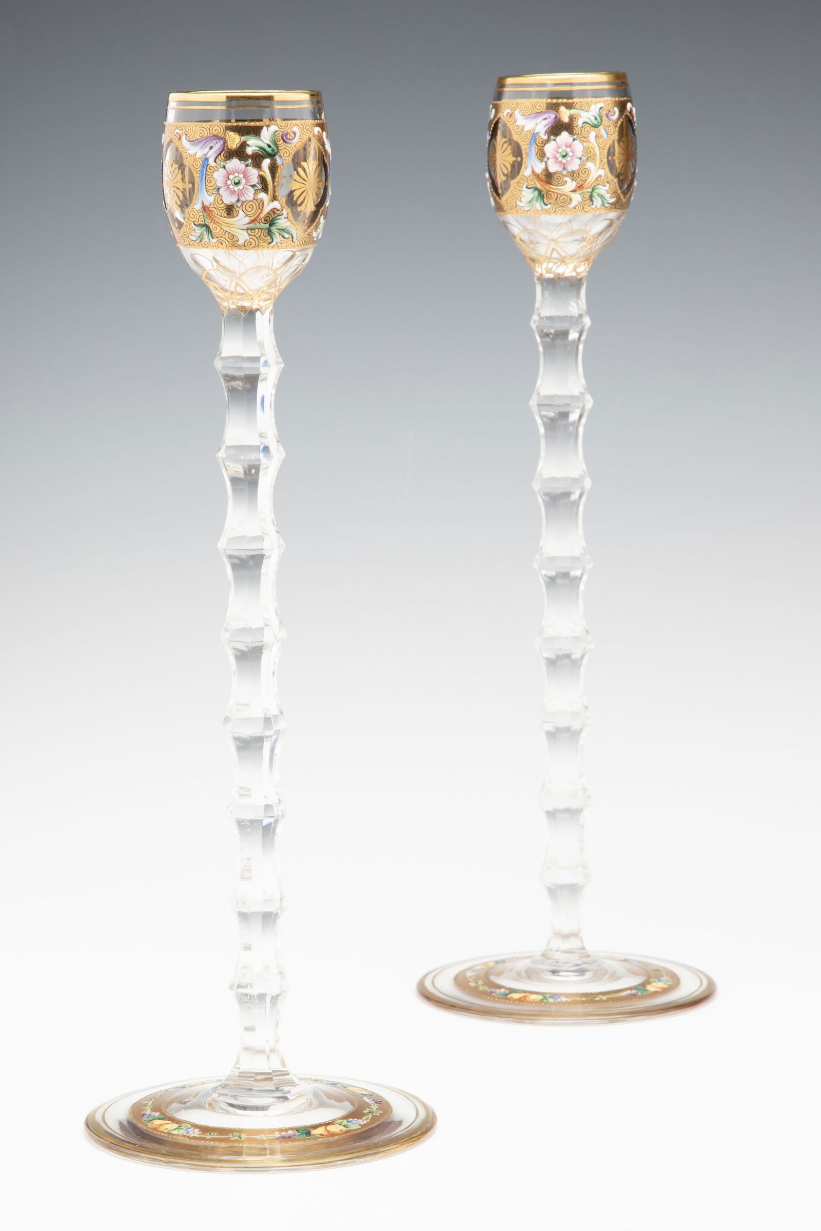 TWO MOSER GILT AND ENAMEL CORDIALS ON TALL CUT STEMS (1 of 12)