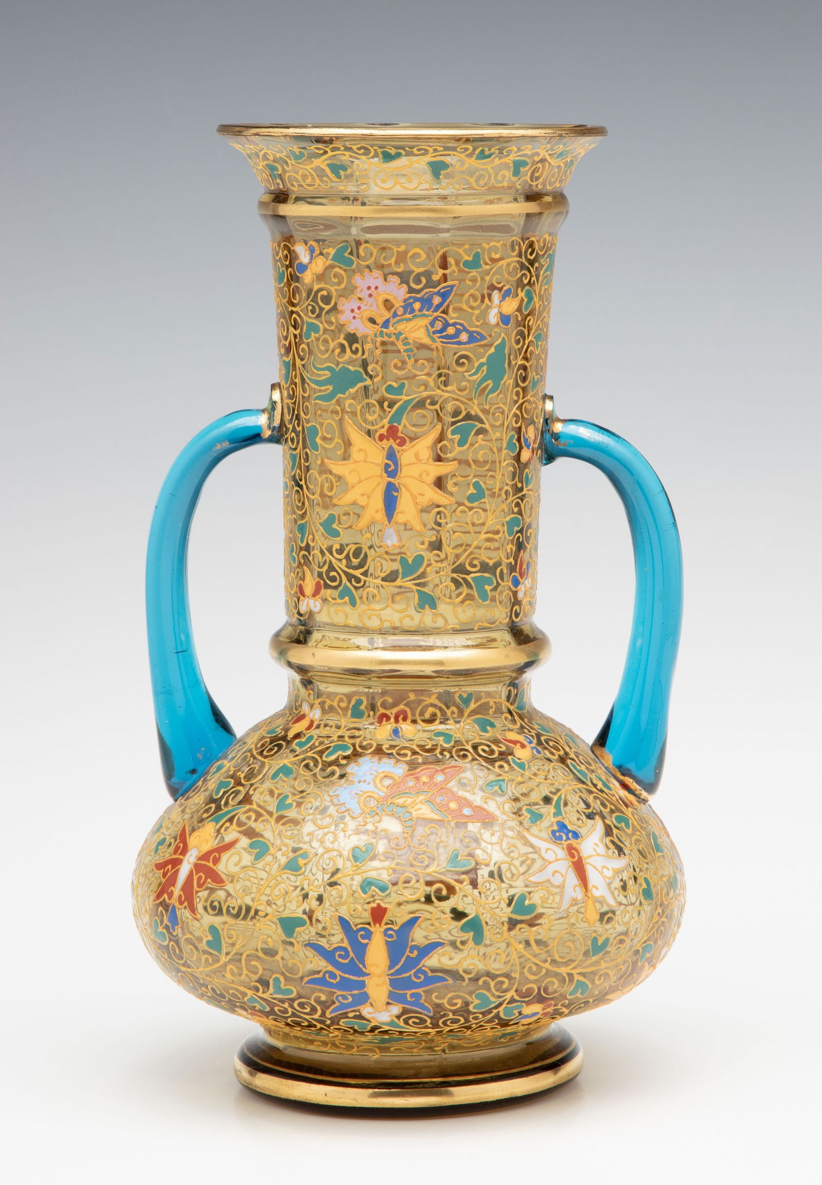 A MOSER GILT AND ENAMELED URN WITH APPLIED BLUE HANDLES (1 of 14)