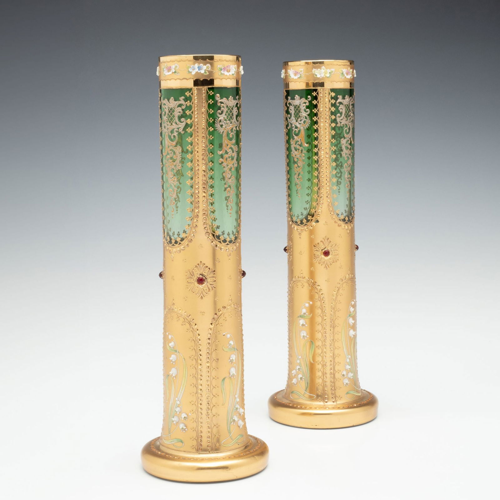 A MOSER VASE PAIR DECORATED IN MULTIPLE TECHNIQUES (1 of 13)