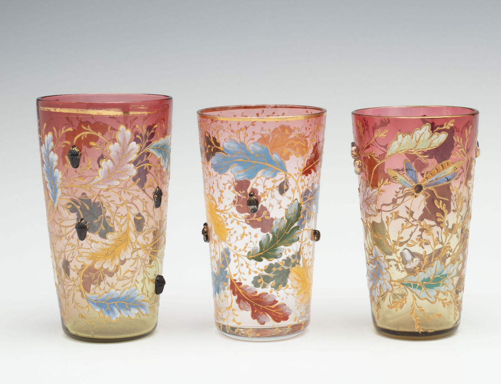 MOSER GILT ENAMEL ART GLASS BEAKERS WITH APPLIED ACORNS (1 of 7)
