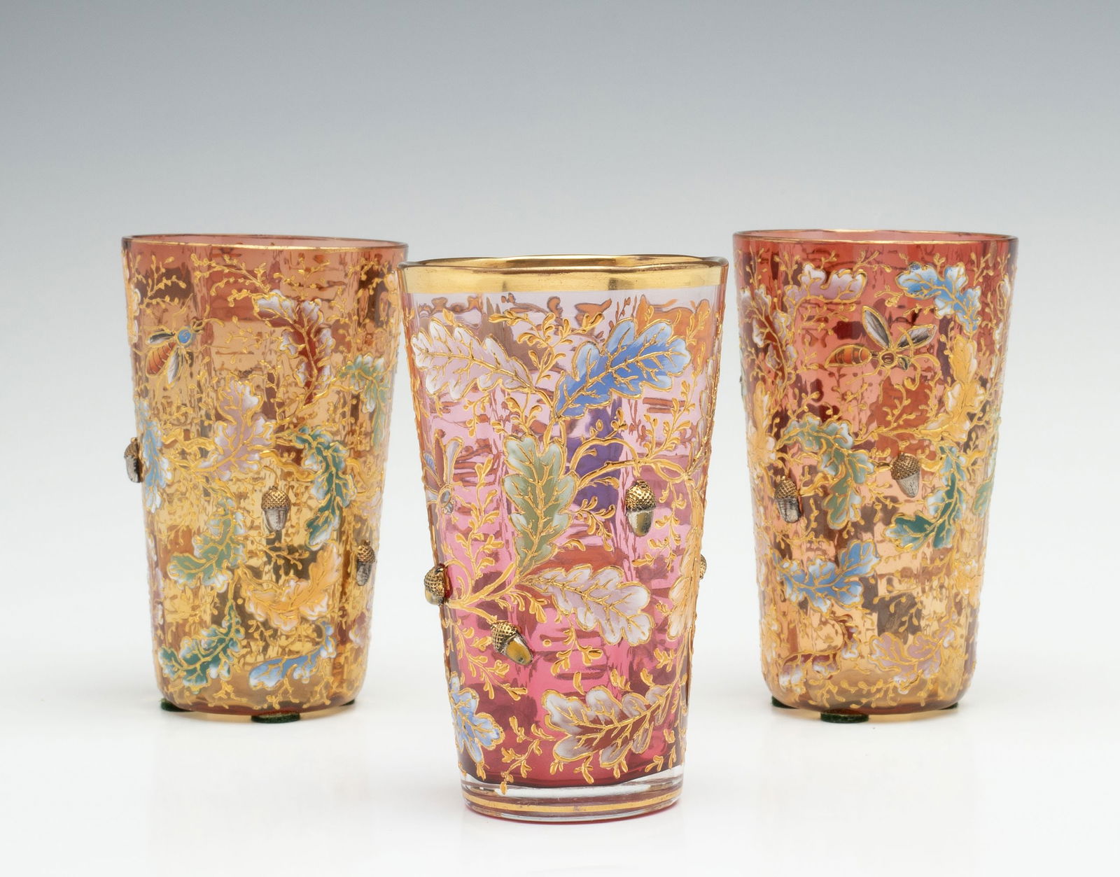 MOSER ART GLASS TUMBLERS W/ OAK BOUGHS, INSECTS, ACORNS (1 of 12)