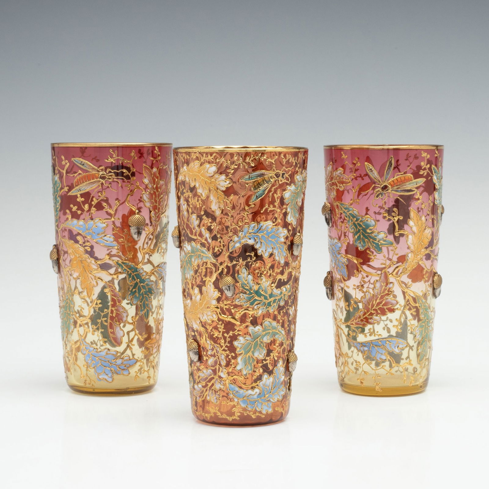 MOSER ART GLASS BEAKERS W/ OAK BOUGHS, INSECTS, ACORNS (1 of 13)