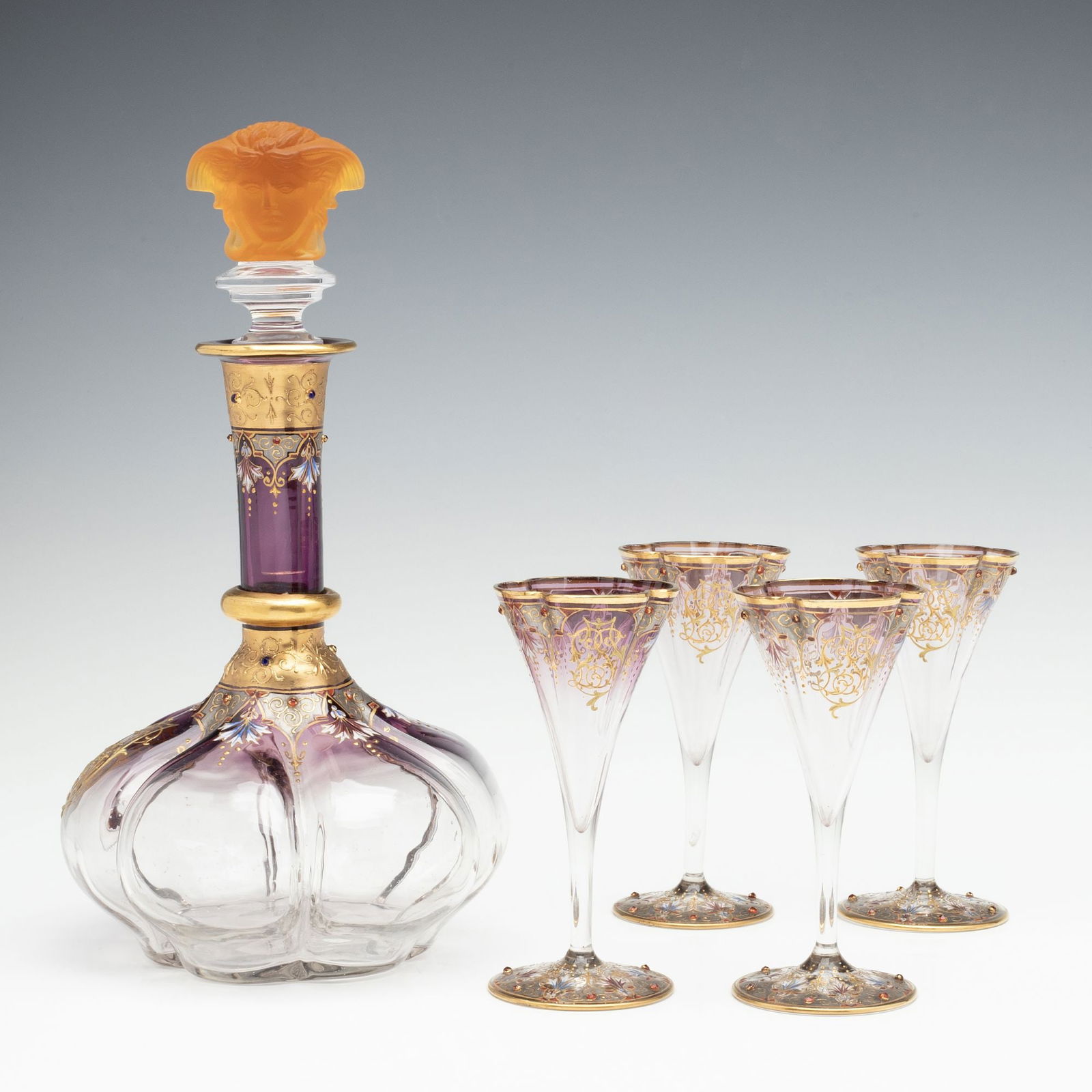 A JEWELED BOHEMIAN GLASS DECANTER AND FOUR STEMS (1 of 20)