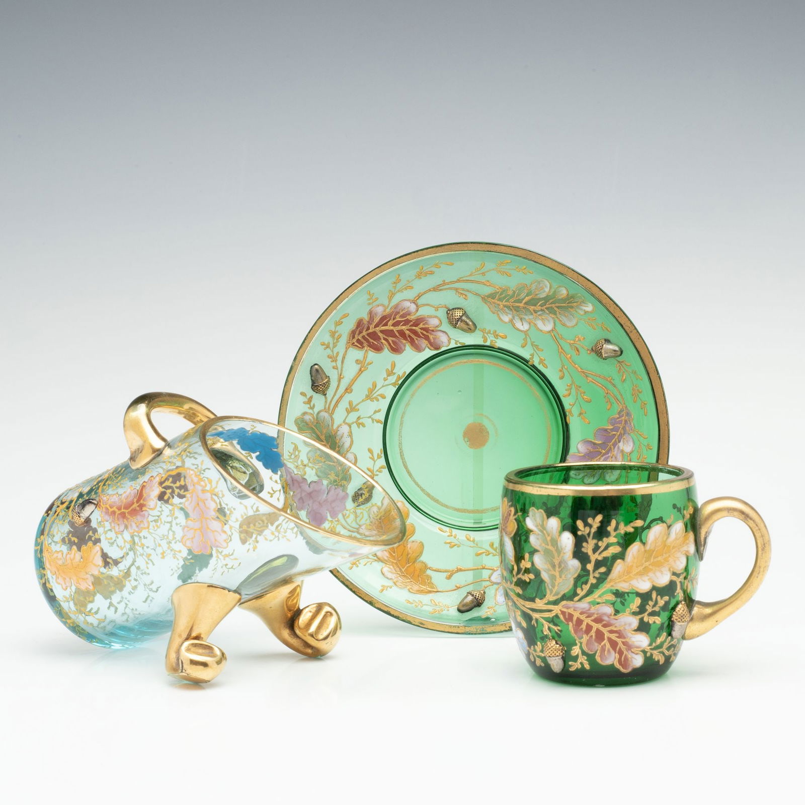 TWO GILT ENAMEL MOSER CABINET PIECES WITH ACORNS APPLIED (1 of 11)