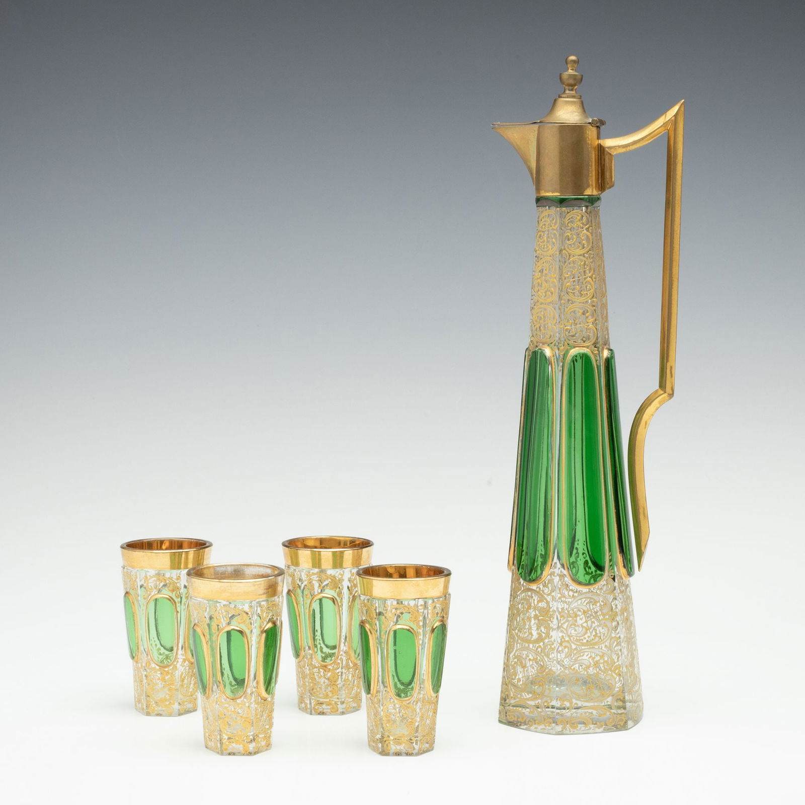 A BOHEMIAN ART GLASS DECANTER & CORDIALS WITH CABOCHONS (1 of 14)