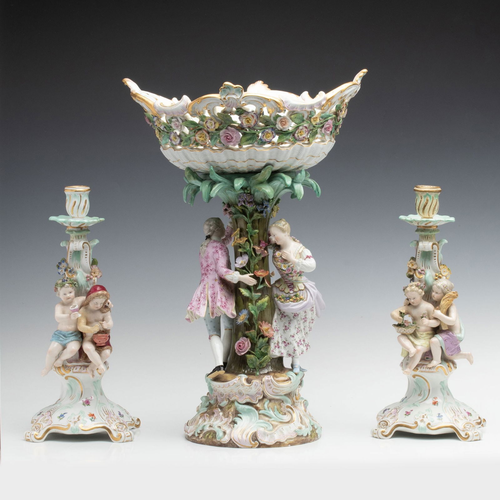 MEISSEN PORCELAIN COMPOTE AND CANDLESTICKS AS FOUND (1 of 20)