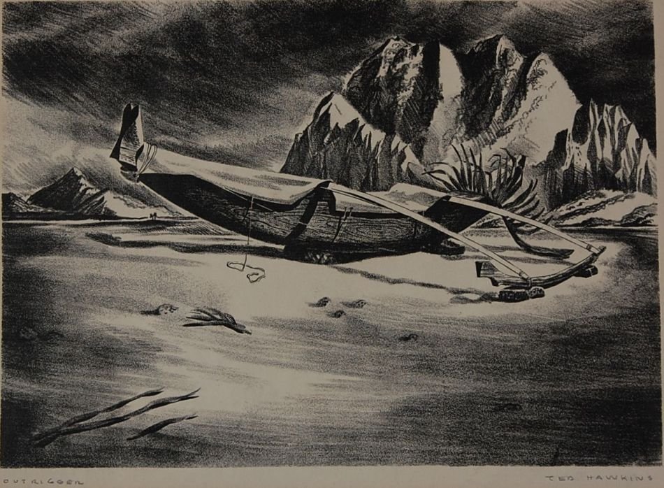 TED HAWKINS (1910-1969) PENCIL SIGNED LITHOGRAPH: Signed lower right, titled 'Outrigger' lower left. 7.75 x 11 inch image field, 10.25 x 13.25 inch sheet size.