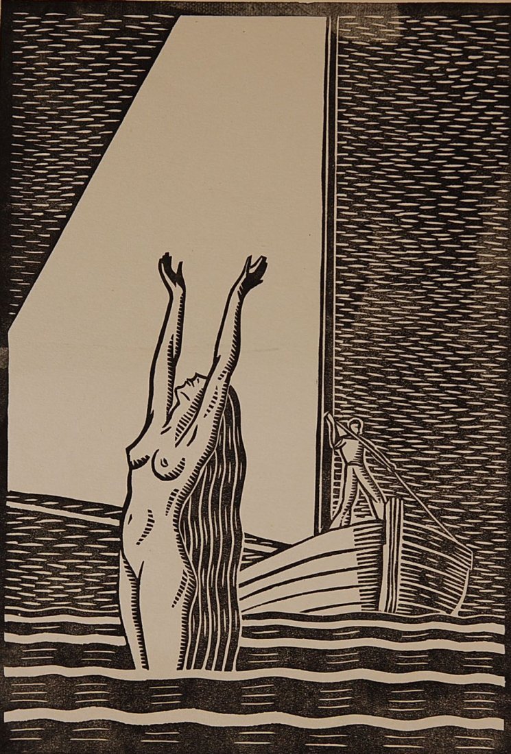 EARL NEFF (1902-1993) PENCIL SIGNED BLOCK PRINT: Signed 'Earl Neff' lower right, 'John Cherry' lower left. 10.75 x 7.25 inch image field, 17 x 11 inch sheet size.