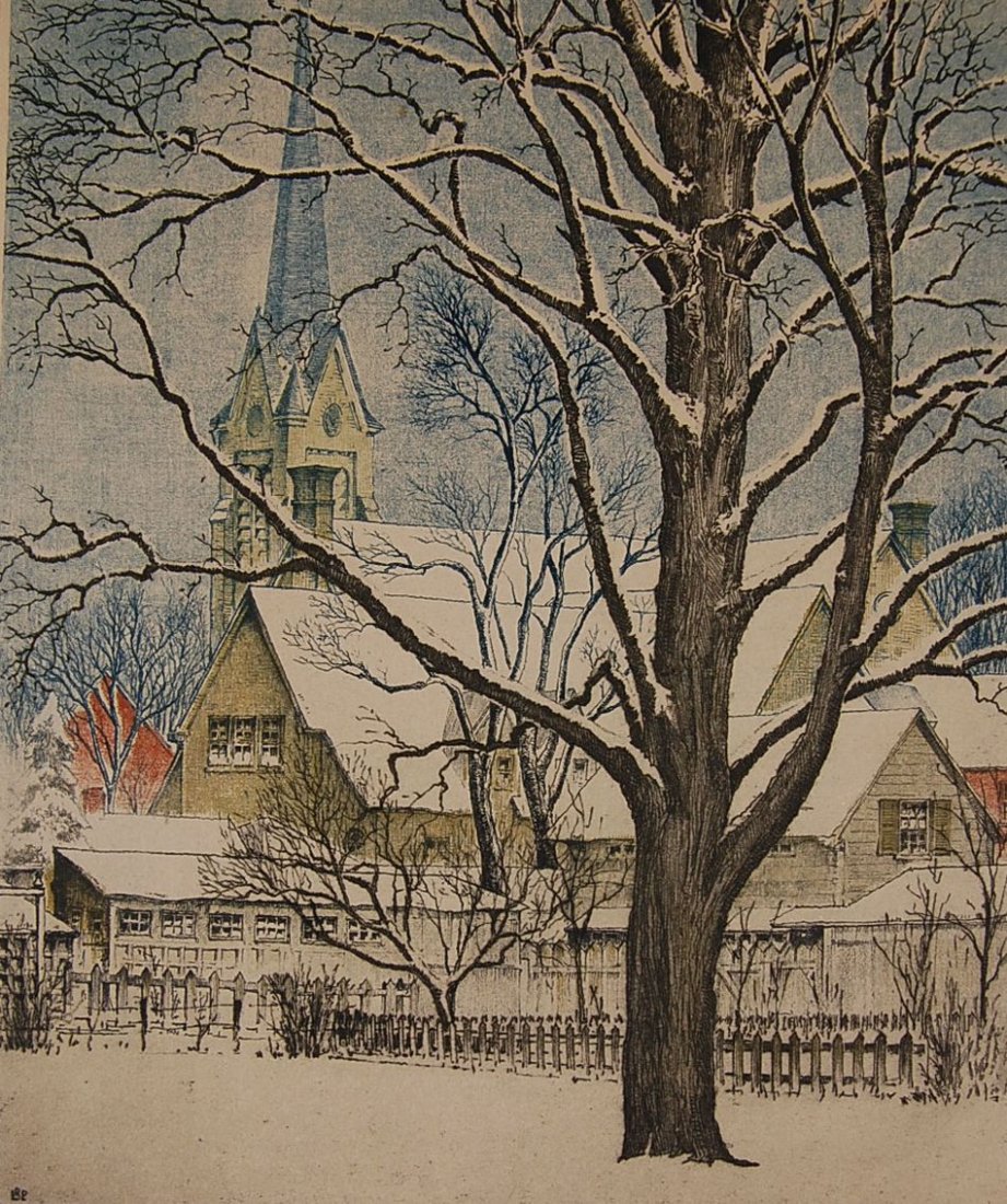 LEON PESCHERET (1892-1971) PENCIL SIGNED COLOR ETCHING: Signed lower right, titled 'Village Spire' lower left, initials in plate to lower left. 11.5 x 9.75 inch image field, 16.5 x 12.75 inch sheet size.