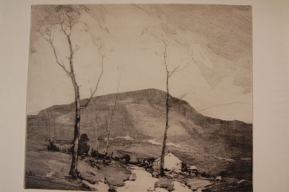 CHAUNCEY F. RYDER (1868-1949) PENCIL SIGNED ETCHING: Signed lower right, titled 'Landscape' and with 'Original etching and dry point by Chauncey F. Ryder' near lower edge. 9.75 x 11.75 inch image field, 13 x 15.75 inch sheet size. Blind stamp for Chicag