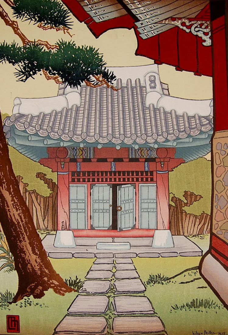 LILIAN A. MILLER (1895-1943) 1928 SIGNED WOODBLOCK PRIN: Signed and dated 1928 lower right in plate, with stamp 'Lilian Miller, Oriental Woocuts, Seoul, Korea.' Titled 'A Korean Shrine' with stamp to lower left margin. 14.25 x 9.75 inch image field, 15.5 x