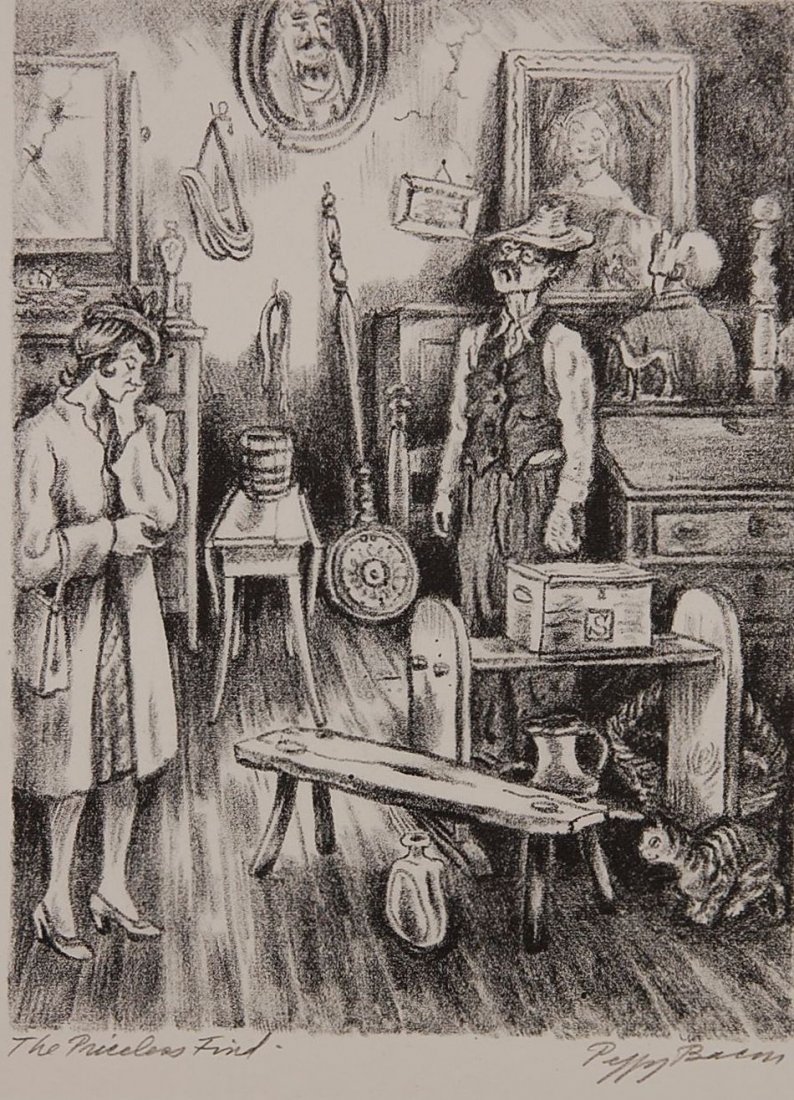 PEGGY BACON (1895-1987) PENCIL SIGNED LITHOGRAPH 'THE P: Signed lower right, titled 'The Priceless Find' lower left. Includes an AAA label with alternate title of 'Antique Shop.' 8 x 6 inch image field, 14.25 x 11 inch sheet.