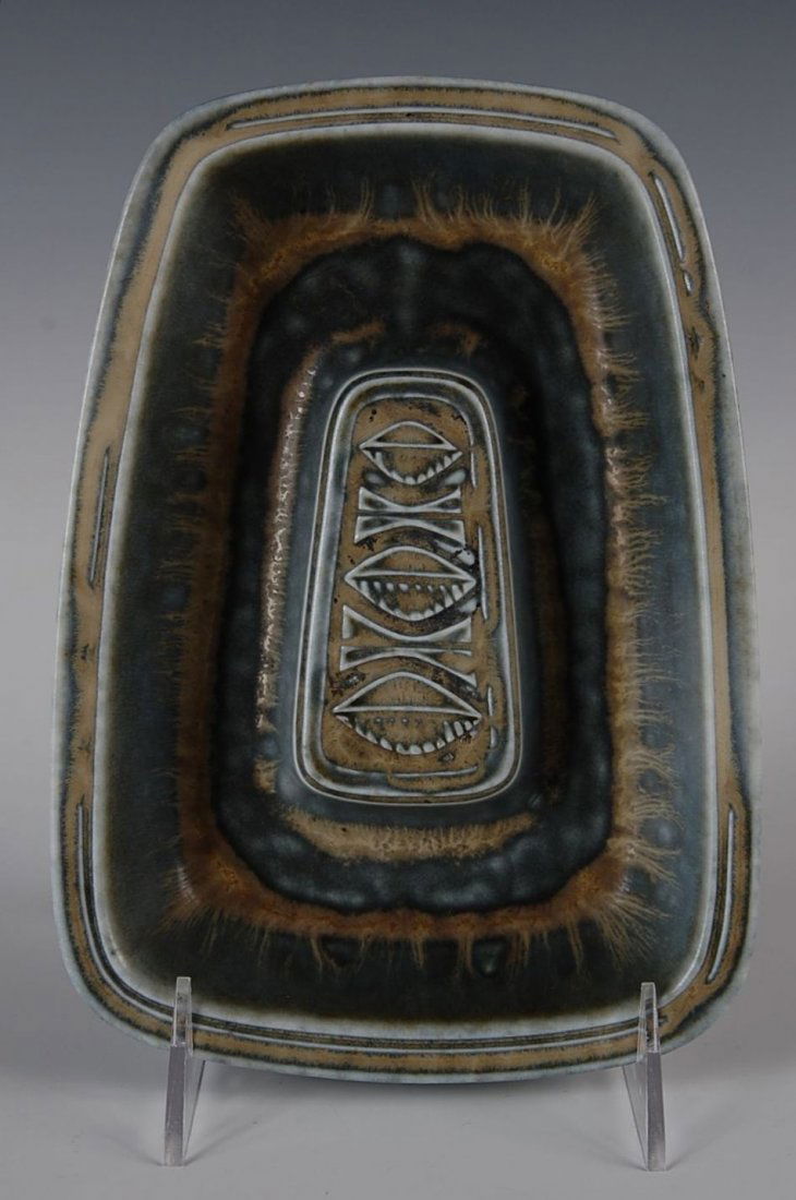 GUNNAR NYLUND FOR RORSTRAND TRAPEZOIDAL DISH: Scratched logo with three crowns and initials for the designer Gunnar Nylund, measures 1.75 x 8 x 5.75 inches.