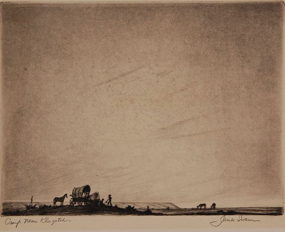 JAMES SWANN (1905-1985) PENCIL SIGNED ETCHING 'CAMP NEA: Signed lower right, titled 'Camp Near Klagetoh' lower left. 7.5 x 10 inch image field, 9.75 x 12.5 inch sheet size.