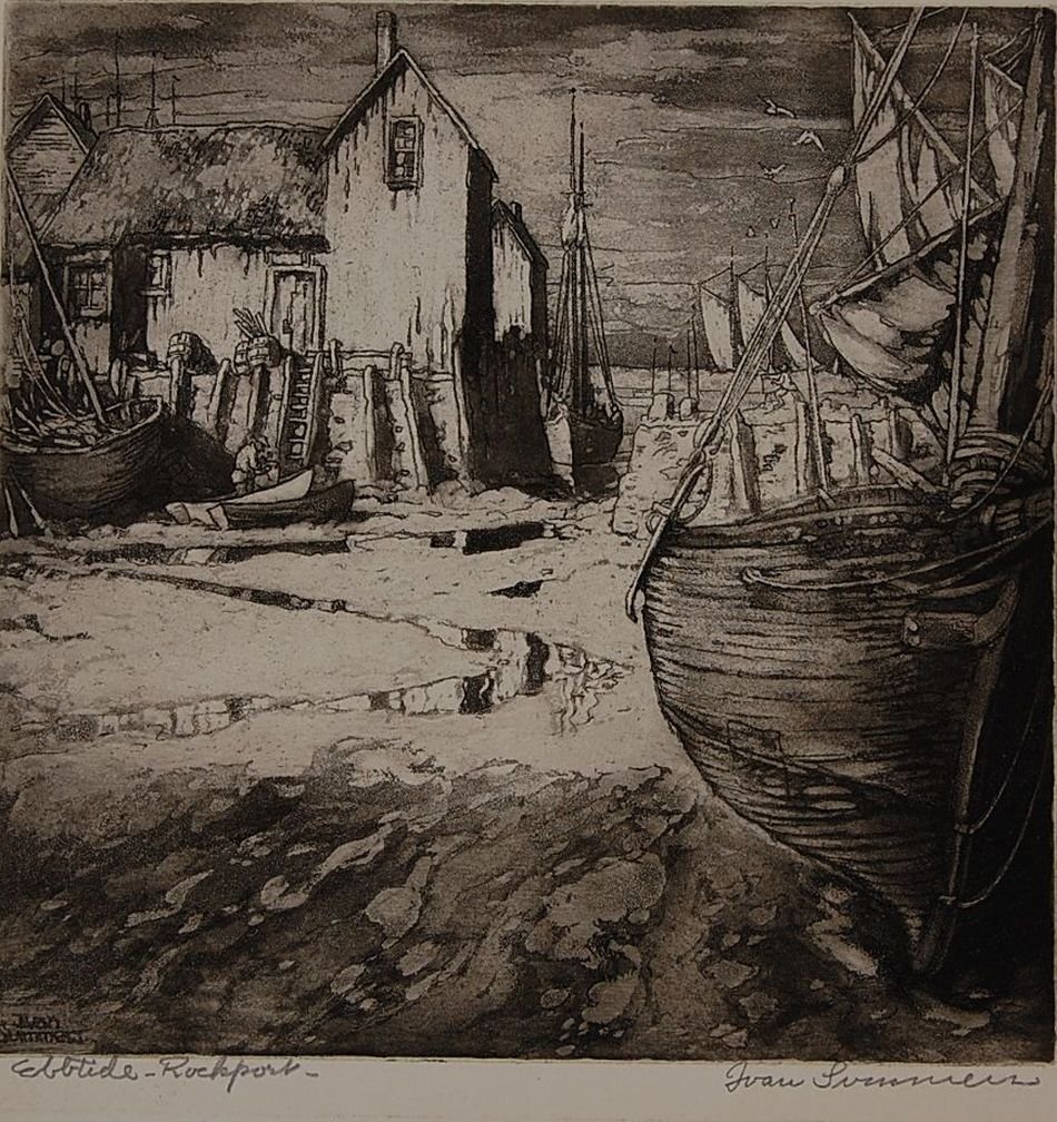 IVAN SUMMERS (1889-1964) PENCIL SIGNED ETCHING: Signed lower right, titled 'Ebb Tide - Rockport' lower left, 'ed. 50' lower center. 8.75 x 8.75 inch image field, 11.5 x 12.5 inch sheet size.