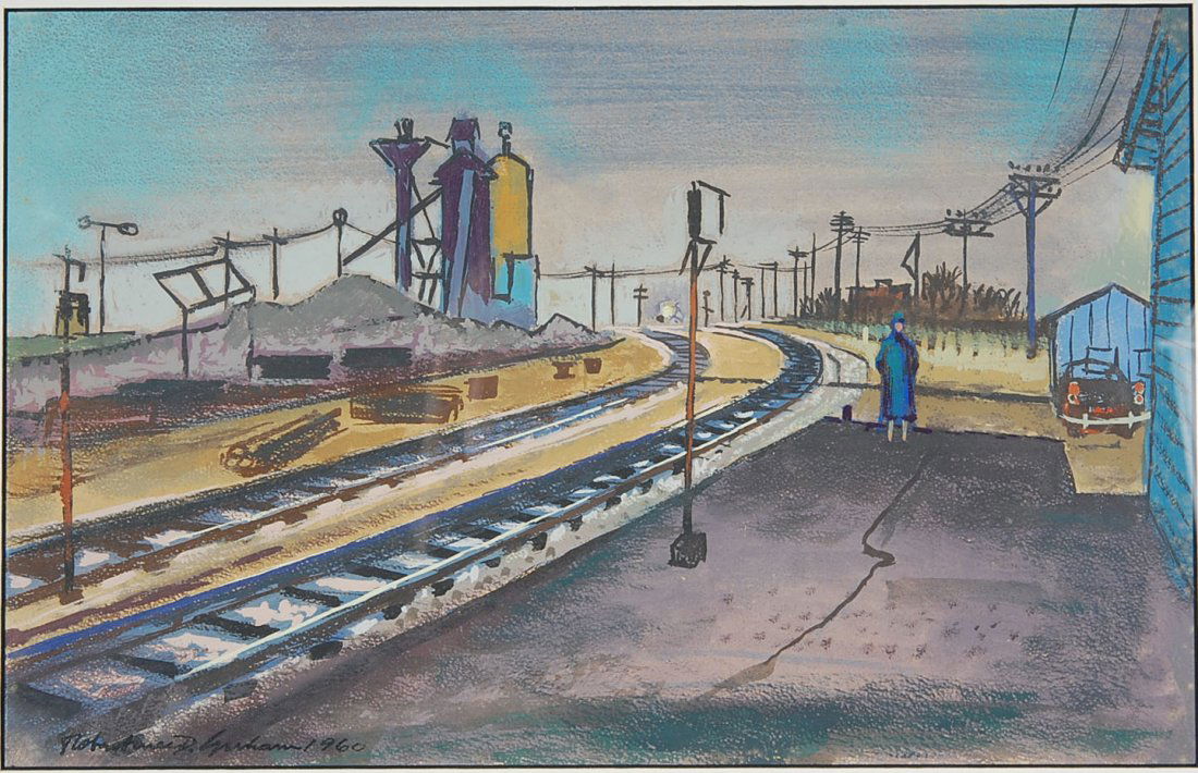 ROBERT MCDONALD GRAHAM (1919 – 2003) OIL ON ARTIST BOAR: Signed lower left with a date of 1960, measures 8.5 x 13.5 site size through the mat with an overall size of 13.25 519 inches. Acid-free free mat and backing.