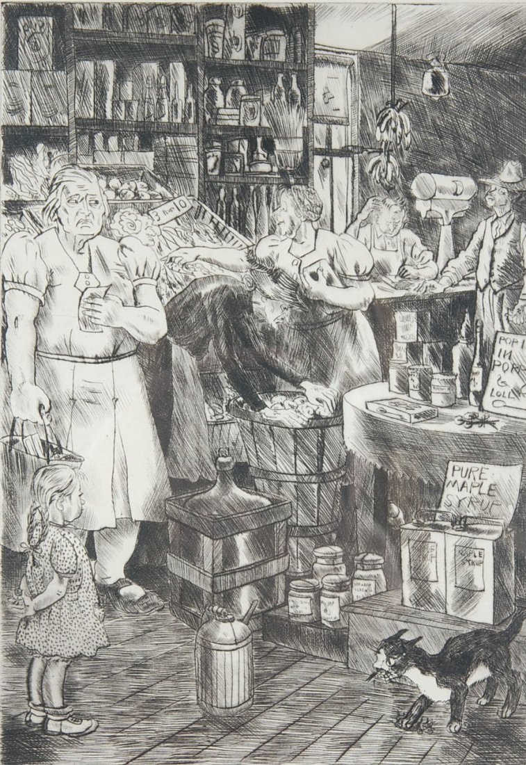 PEGGY BACON (1895-1987) PENCIL SIGNED DRYPOINT ETCHING: Titled in pencil lower left 'The Soul Of Thrift'And signed lower right, 9.75 x 7" with an overall size of 20 x 16". Circa 1941.
