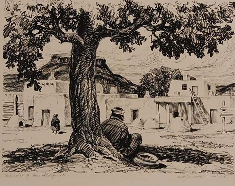 COY AVON SEWARD (1884-1939) PENCIL SIGNED LITHOGRAPH: Signed lower right and in plate just above the pencil signature and titled 'Memories of San Ildefonso' lower left. 8.75 x 11.5 inch image field, 12.75 x 16 inch sheet size.