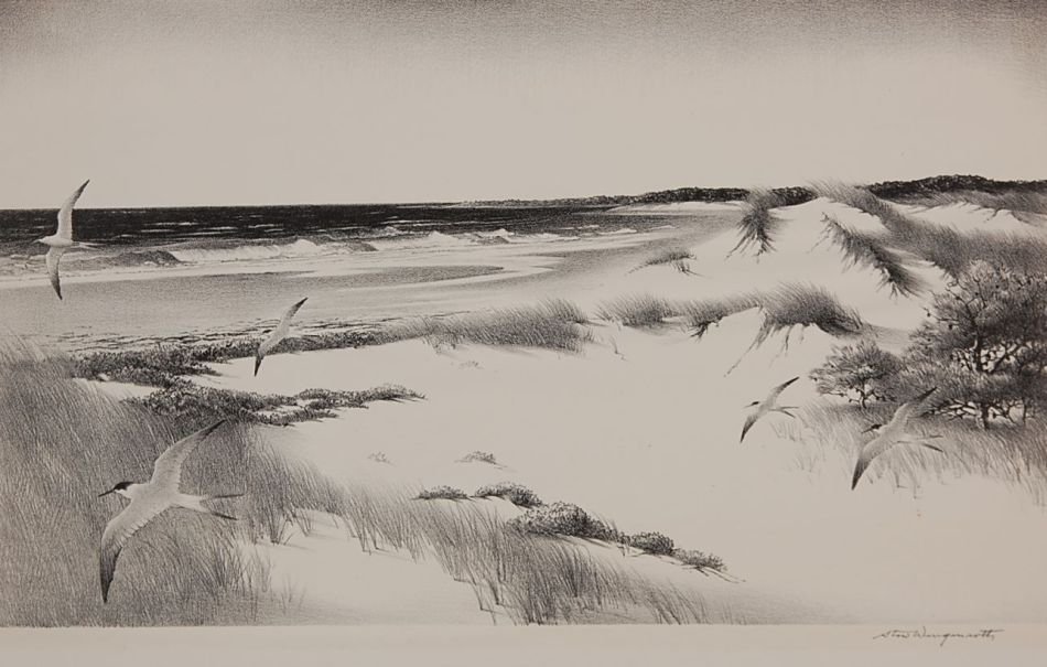 STOW WENGENROTH (1906-1978) PENCIL SIGNED LITHOGRAPH: Signed lower right. Titled 'The Far Shore'. Included is a Prairie Print Makers 1957 broadside document about the lithograph. 8 x 13.25 inch image field, 12.5 x 18.25 inch sheet size.
