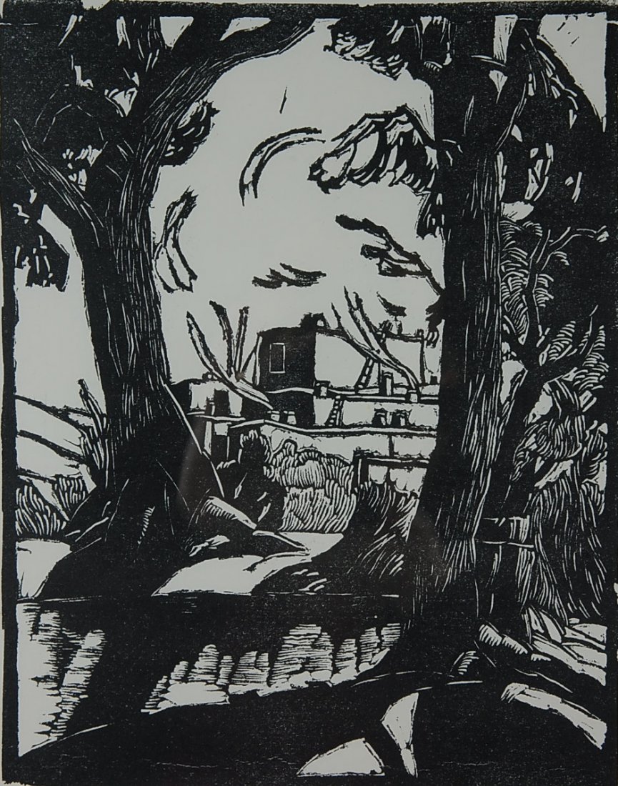 BARBARA LATHAM (1896-1989) PENCIL SIGNED BLOCK PRINT: Signed lower right, image size 10 x 8" with an overall size of 15.5 x 12.5". Nicely framed in acid free mounts.