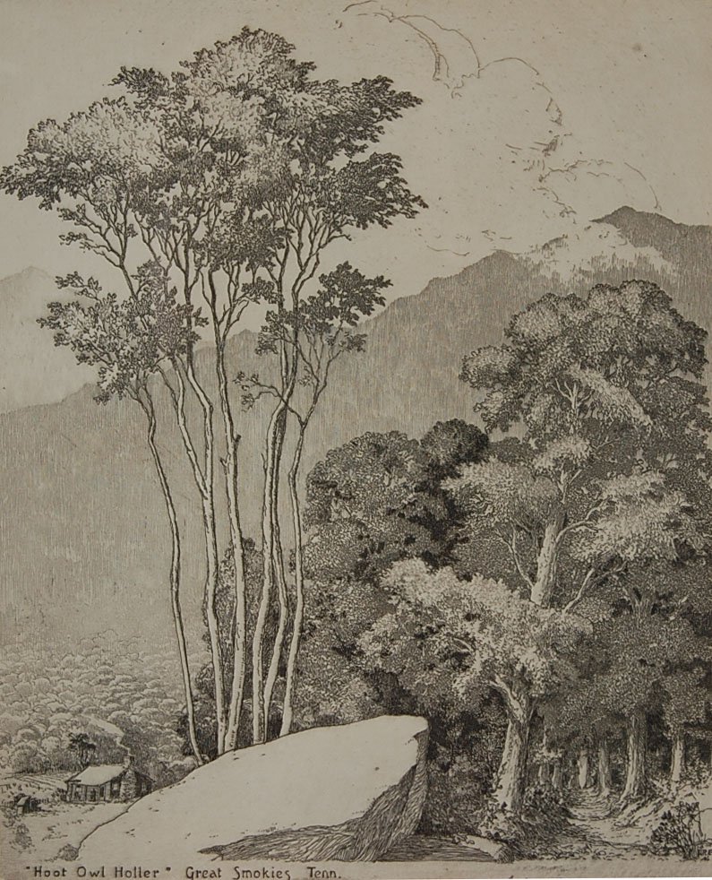 LEON PESCHERET (1892-1971) PENCIL SIGNED AQUATINT ETCHI: Titled in the plate, 'Hoot Owl Holler' Great Smokies Tenn, Pencil signed lower right. Measurements are 7.75 x 6.5" image and overall frame size of 14.75 x 12.75". Nicely framed.