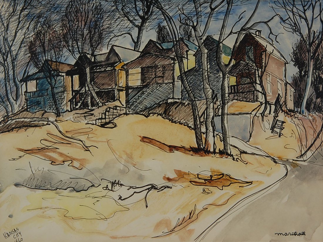 DUARD MARSHALL (1914 - 2010) WATERCOLOR, KANSAS CITY 19: Signed lower right with date, measures 7.25. X 9.75 inches and famed to an overall size of 13 x 16 inches.