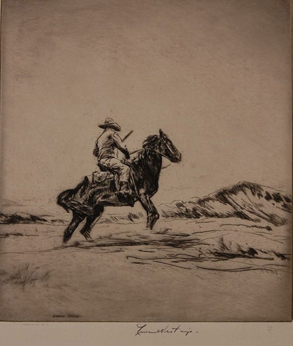 LEVON WEST (1900-1968) PENCIL SIGNED ETCHING 'THE PRAIR: Signed lower center and in plate lower left. Titled 'The Prairie Rider' by the issuing pamphlet from The Prairie Print Makers, 1933. Handwritten name on title page of the pamphlet. 8.75 x 7.75 inch im