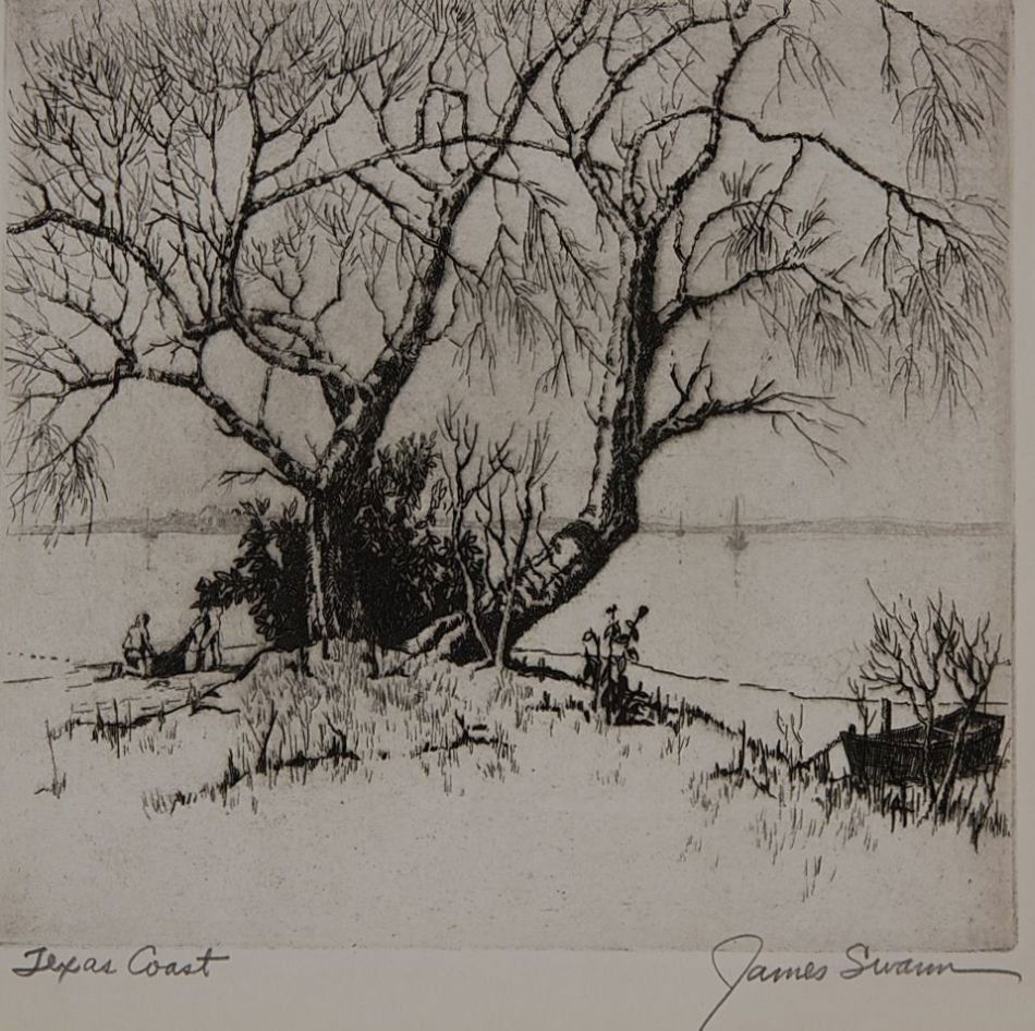 JAMES SWANN (1905-1985) PENCIL SIGNED ETCHING 'TEXAS CO: Signed lower right, titled 'Texas Coast' lower left. 7.5 x 7.75 inch image field, 9.5 x 9.5 inch sheet size.
