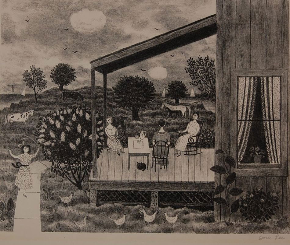 DORIS EMRICK LEE (1905-1983) PENCIL SIGNED LITHOGRAPH: Signed lower right. 9 x 11.25 inch image field, 11 x 13.25 inch sheet size. Includes an original AAA label for 'Afternoon Tea.'