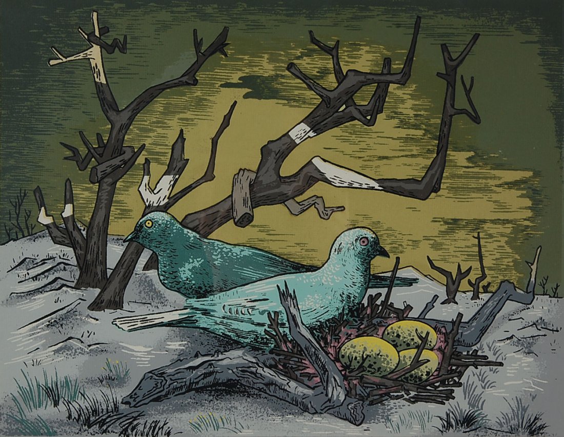GUY MACCOY(1904 – 1981) PENCIL SIGNED SERIGRAPH: Signed lower right and titled BLUE BIRDS lower left, dated 1949. Image size of 11 x 14" and overall sheet size of 13 x 17". An overall frame size of 19.5 inches by 23 1/2 inches
