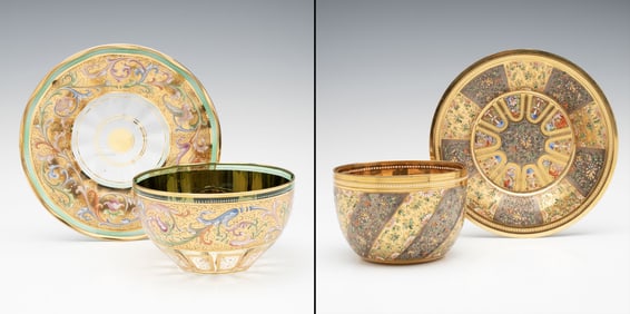 ELABORATE MOSER ART GLASS FINGER BOWLS WITH UNDERPLATES