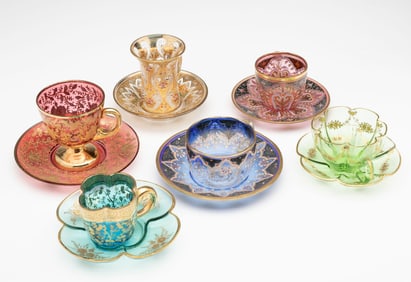 COLLECTION OF MOSER AND OTHER ENAMELED CUP SAUCER SETS