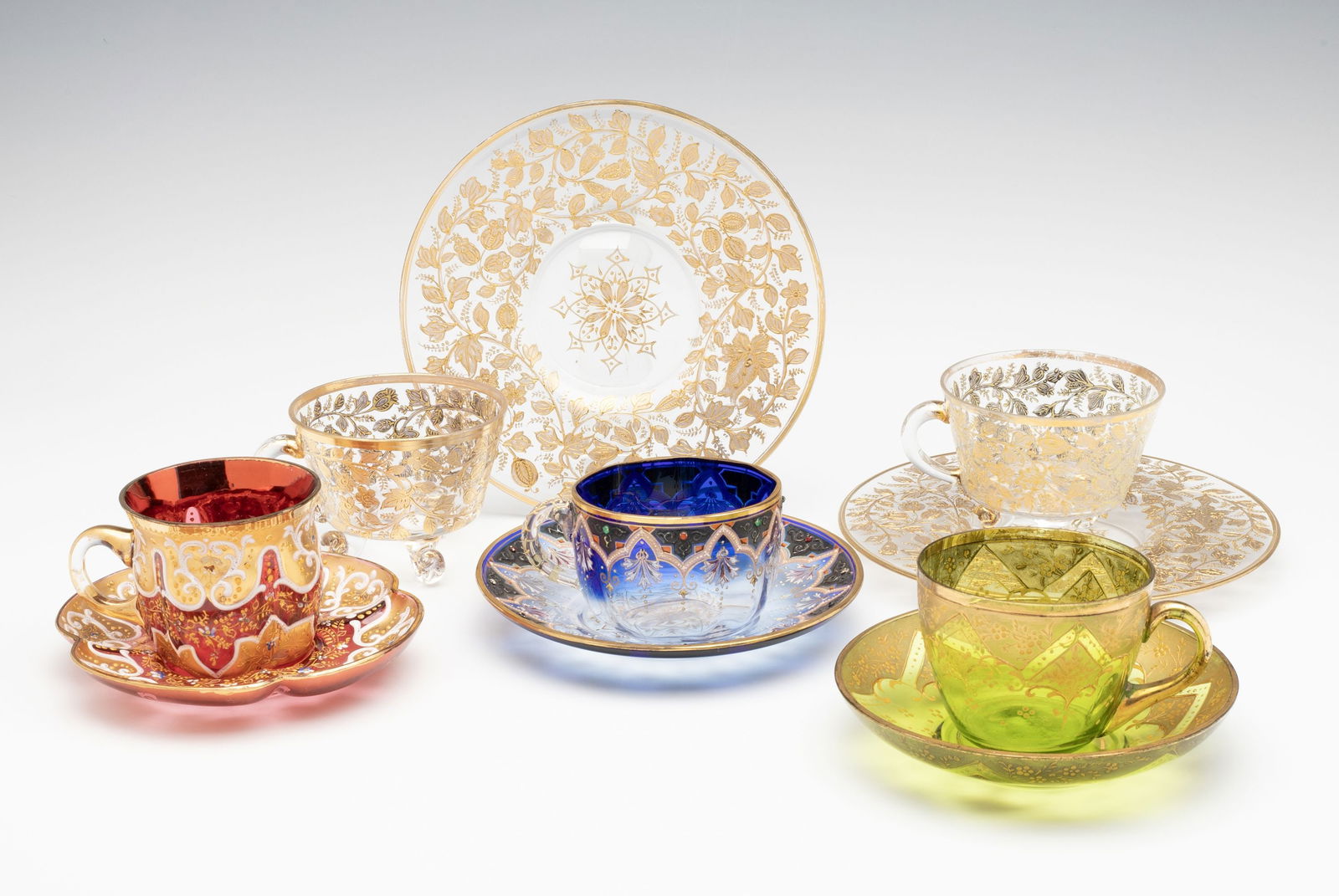 COLLECTION OF MOSER AND OTHER ENAMELED CUP SAUCER SETS (1 of 13)