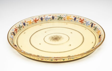 AN UNUSUAL MOSER ART GLASS TRAY WITH APPLIED GRAPES