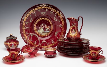 A COLLECTION OF RUBY GLASS WITH VENETIAN STYLE ENAMELS