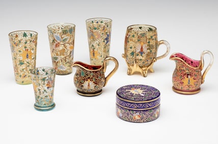 EIGHT MOSER GLASS ARTICLES DECORATED IN KAKAIMON ROSE