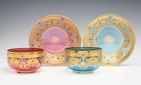 TWO FINE MOSER ART GLASS FINGER BOWLS WITH JEWELS